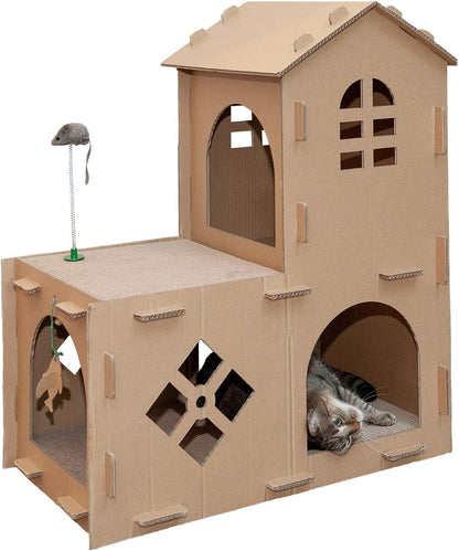 Multi-Level Cardboard Cat House W/ Catnip for Indoor Cats, Ft. Scratching Pads & Toys - Townhouse Corrugated Cat Scratcher Hideout - Cardboard Brown, One Size