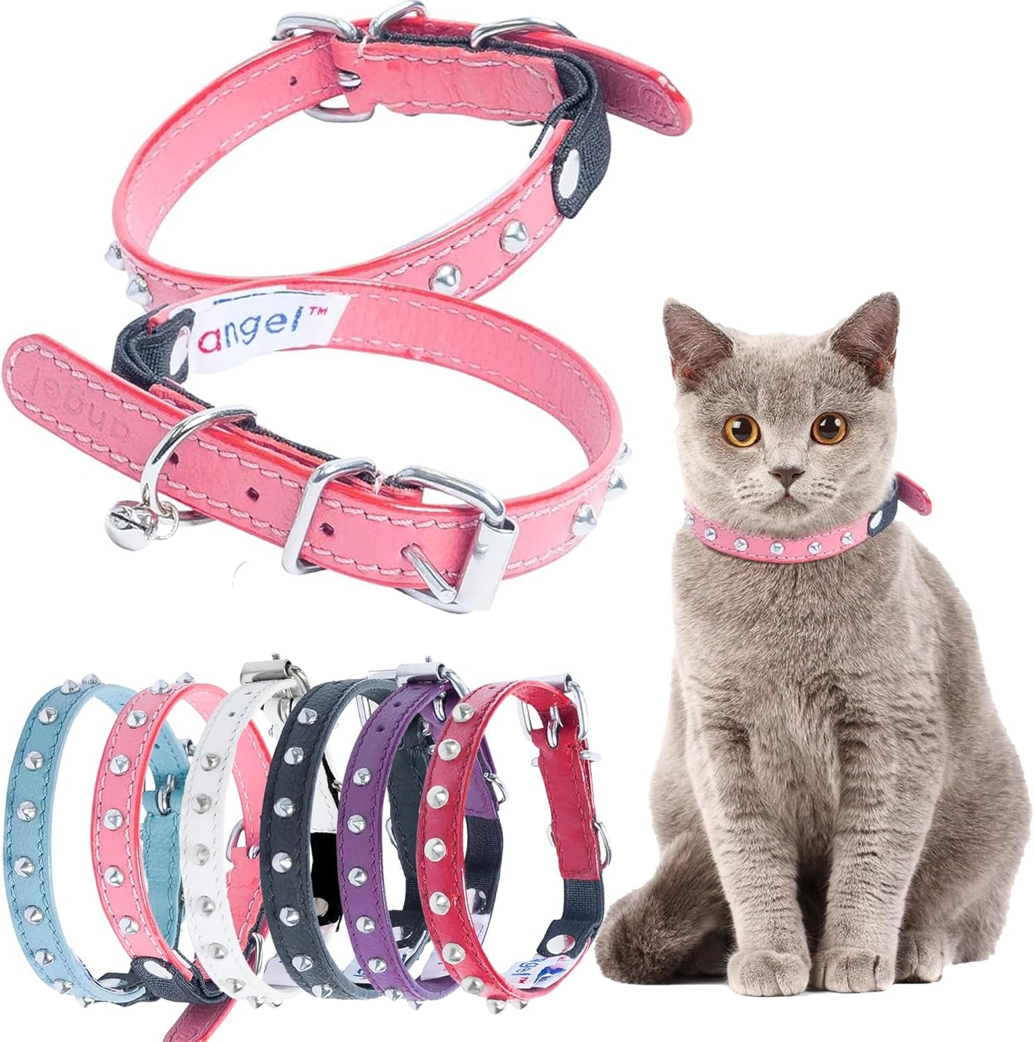 Studded Cat Collar, Genuine Leather Kitten Collar, Sturdy Breakaway Cat Collar with Bell and Elastic Stretch, Cat Accessories, Ivory White, 10 X 1/2 Inches -