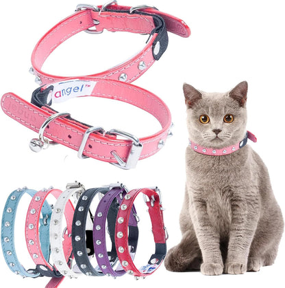 Studded Cat Collar, Genuine Leather Kitten Collar, Sturdy Breakaway Cat Collar with Bell and Elastic Stretch, Cat Accessories, Ivory White, 10 X 1/2 Inches -