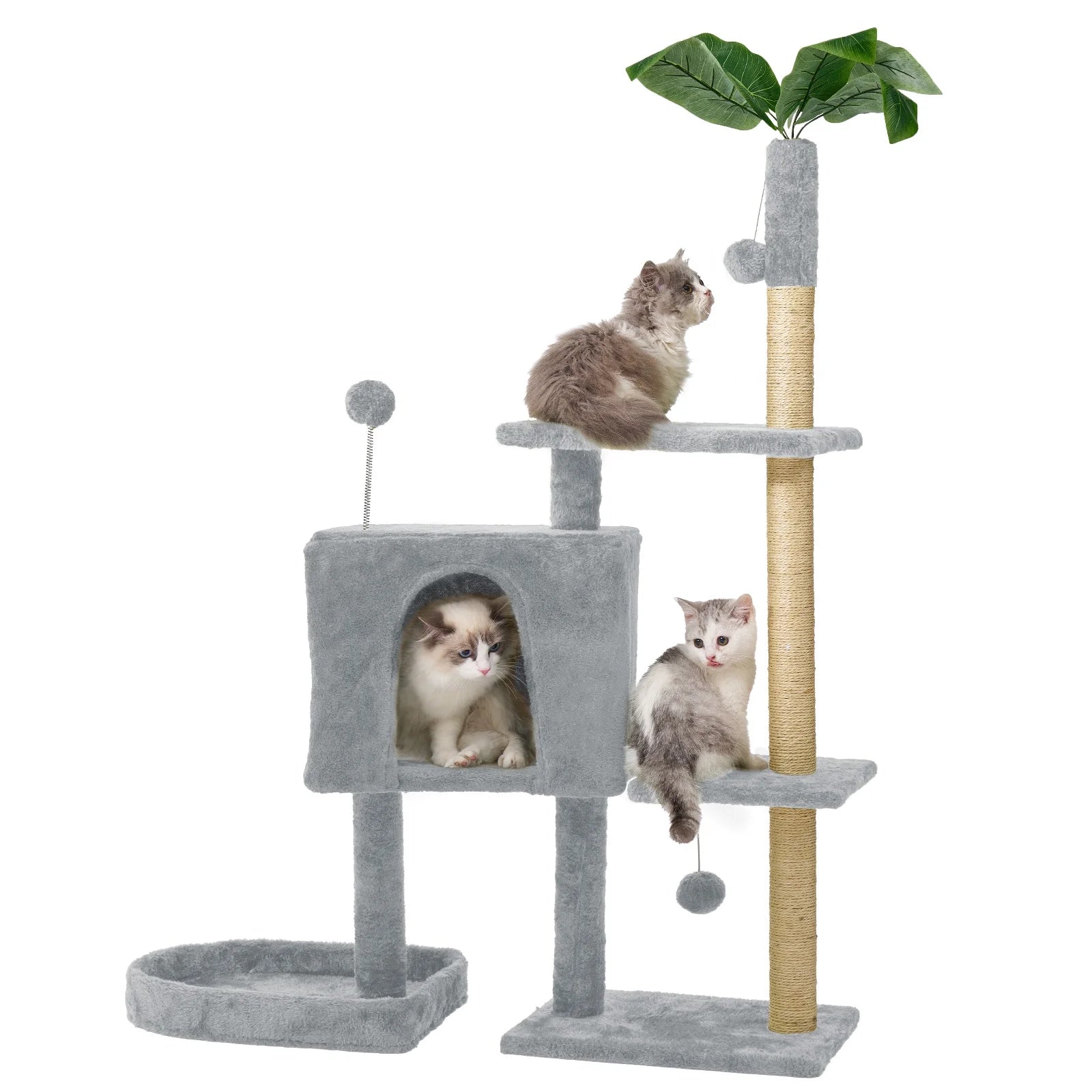 31.5" Cat Tree Cat Tower for Indoor Cats with Green Leaves, Cat Condo Cozy Plush Cat House with Hang Ball and Leaf Shape Design, Cat Furniture Pet House with Cat Scratching Posts, Green