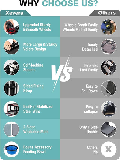 Cat Dog Carrier with Wheels Airline Approved Rolling Pet Carrier with Telescopic Handle, Shoulder Strap and Pet Bowl, Black