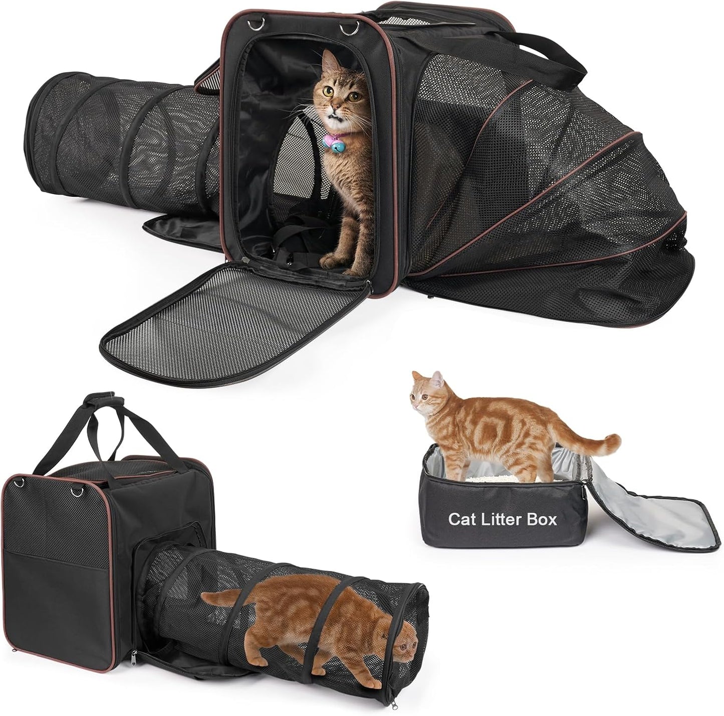 Cat Travel Carrier with Litter Box for Car, Expandable Cat Carrier with Pop Out Tunnel, Cat Carrier for Car Travel Long Distance, up to 20 Lb to Road Trip, Camping, Black