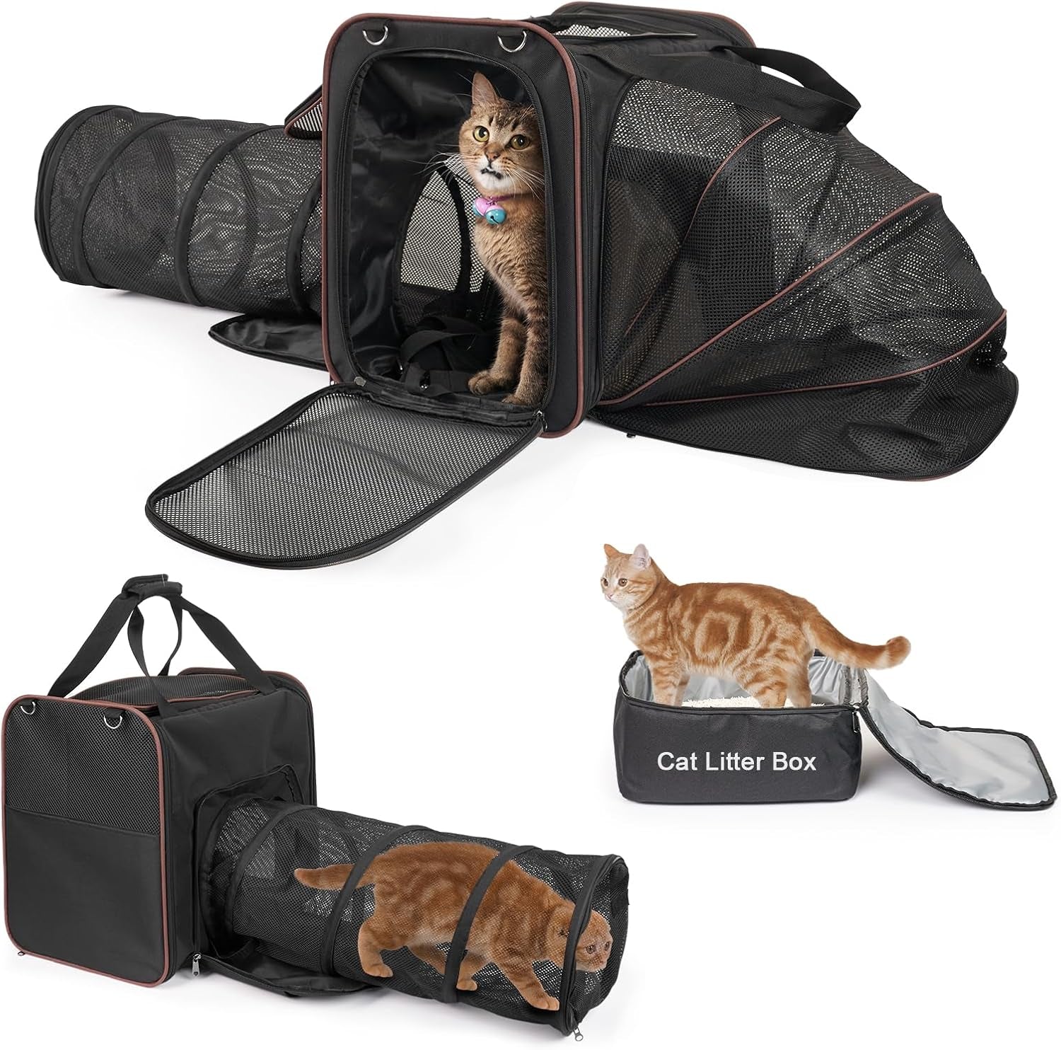 Cat Travel Carrier with Litter Box for Car, Expandable Cat Carrier with Pop Out Tunnel, Cat Carrier for Car Travel Long Distance, up to 20 Lb to Road Trip, Camping, Black