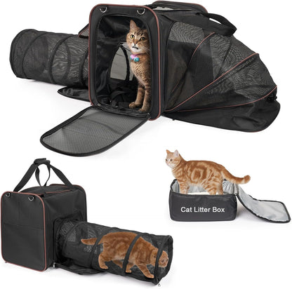 Cat Travel Carrier with Litter Box for Car, Expandable Cat Carrier with Pop Out Tunnel, Cat Carrier for Car Travel Long Distance, up to 20 Lb to Road Trip, Camping, Black