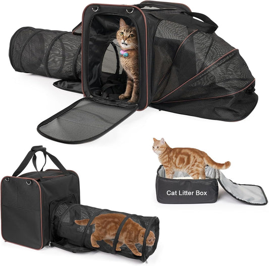 Cat Travel Carrier with Litter Box for Car, Expandable Cat Carrier with Pop Out Tunnel, Cat Carrier for Car Travel Long Distance, up to 20 Lb to Road Trip, Camping, Black