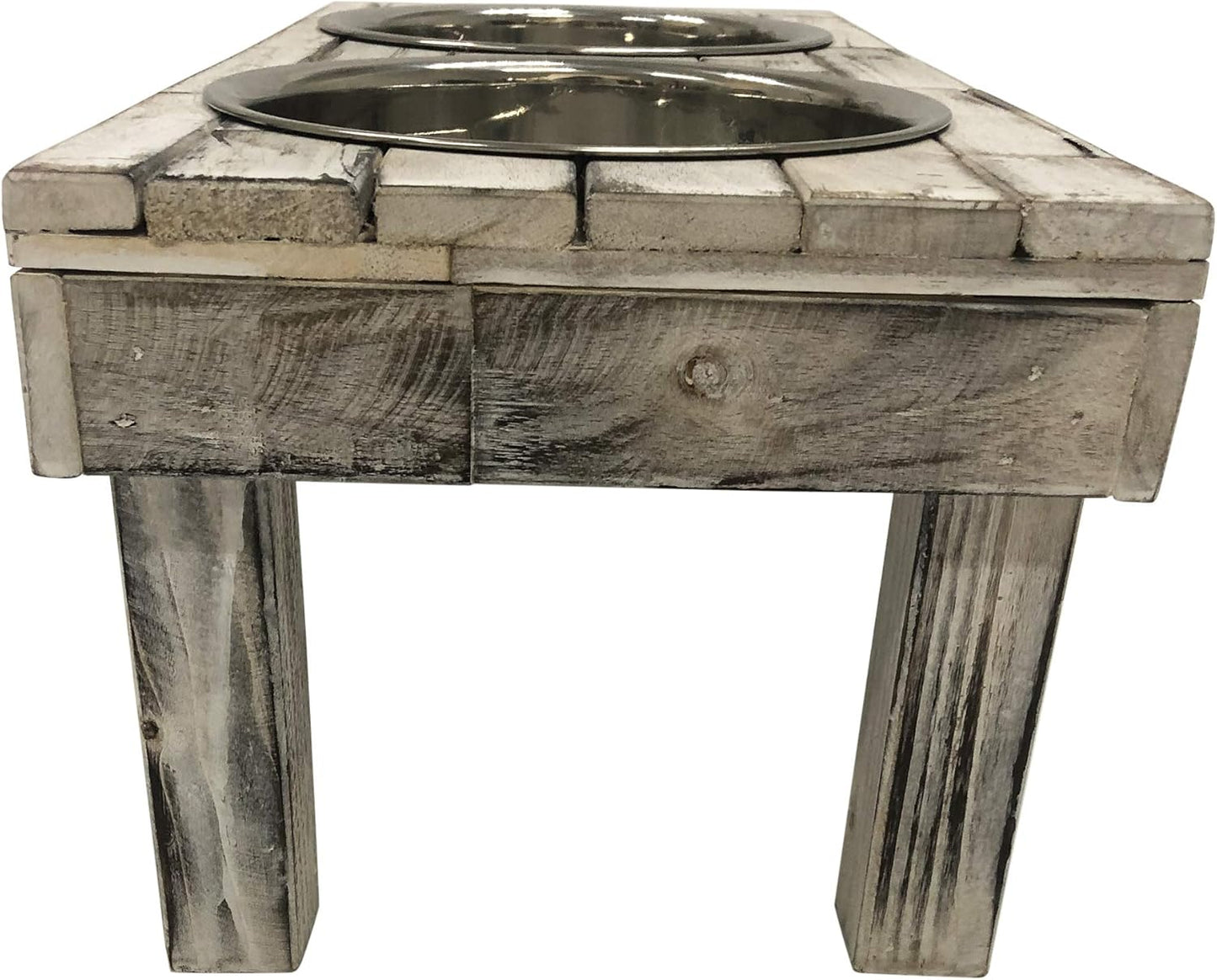 Pet Berjen Table Elevated Double Bowl Feeder, White Wash (Large)