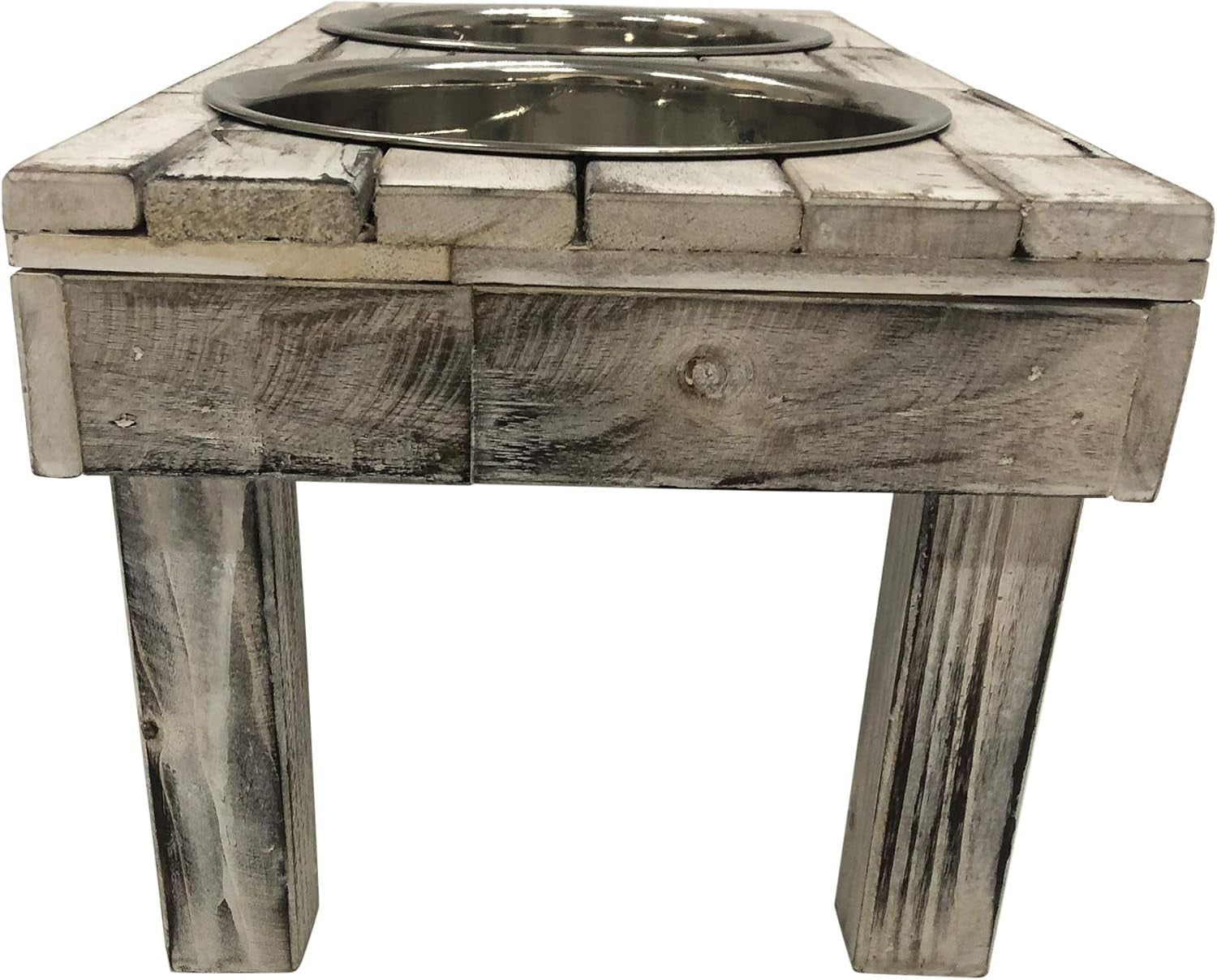 Pet Berjen Table Elevated Double Bowl Feeder, White Wash (Large)