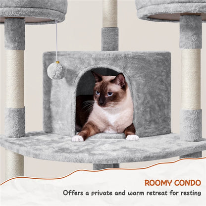 76"H Large Multilevel Cat Tree Tower with Condos and Perches, Light Gray