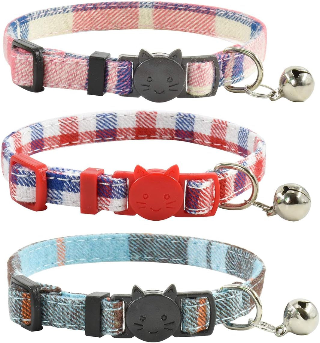 Breakaway Cat Collars with Bell, Set of 3, Durable & Safe Cute Kitten Collars Safety Adjustable Kitty Collar for Cat Puppy 7.5-11In (Green,Cyan,Black)