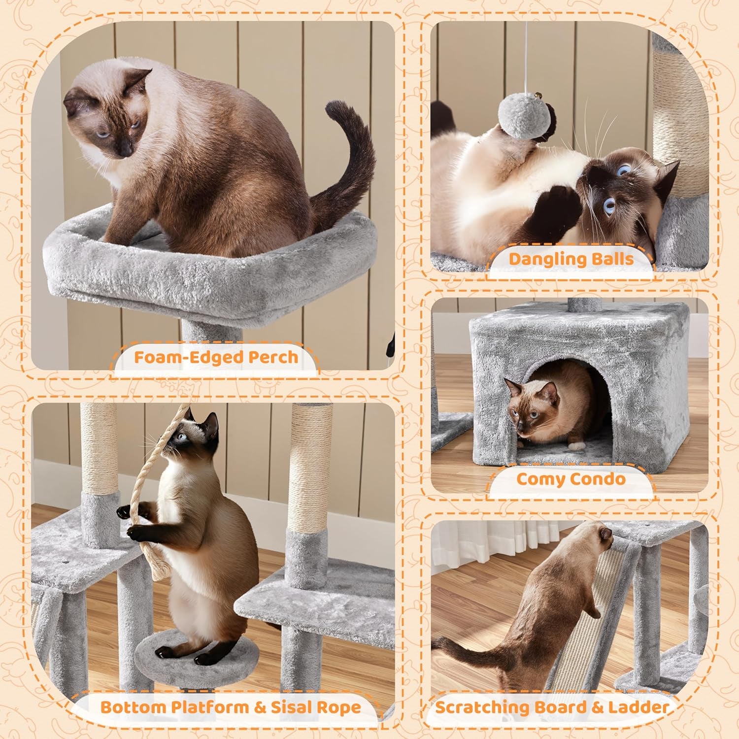 Rotatable Cat Tree 53.5In Multi-Level Cat Tower for Indoor Kittens/Large Cats, Pet House with Scratching Posts,Climbing Furniture Play Center, Light Gray