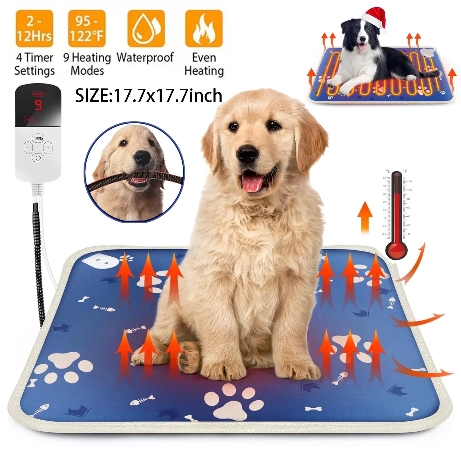 Pet Heating Pad, Waterproof Heated Bed Mat for Cats Dogs Puppies Bed Indoor, Electric Warming Pad Heating Blanket with Anti- Steel Cord, Dual Temperature Dual Control, 17.7Inch