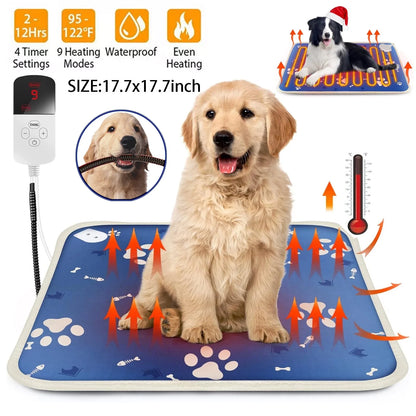 Pet Heating Pad, Waterproof Heated Bed Mat for Cats Dogs Puppies Bed Indoor, Electric Warming Pad Heating Blanket with Anti- Steel Cord, Dual Temperature Dual Control, 17.7Inch