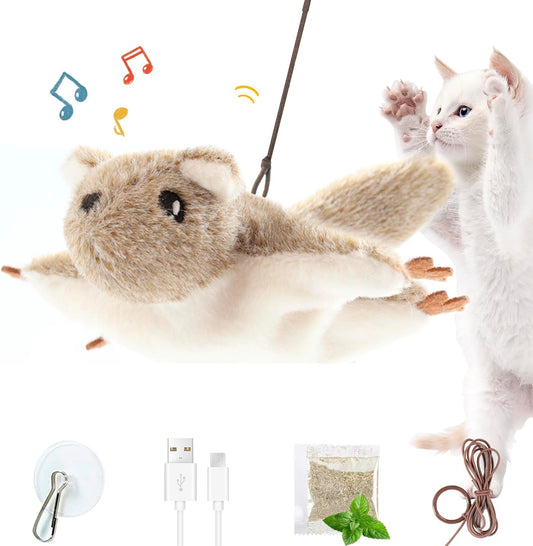 USB Rechargeable Cat Toys Flapping & Chirping Mouse Kitty Toys with Catnip, Door Hanging Interactive Squeaky Flying Squirrel Cat Toys Touch Activated Beating Wings Kitty Kicker Toys for Cats