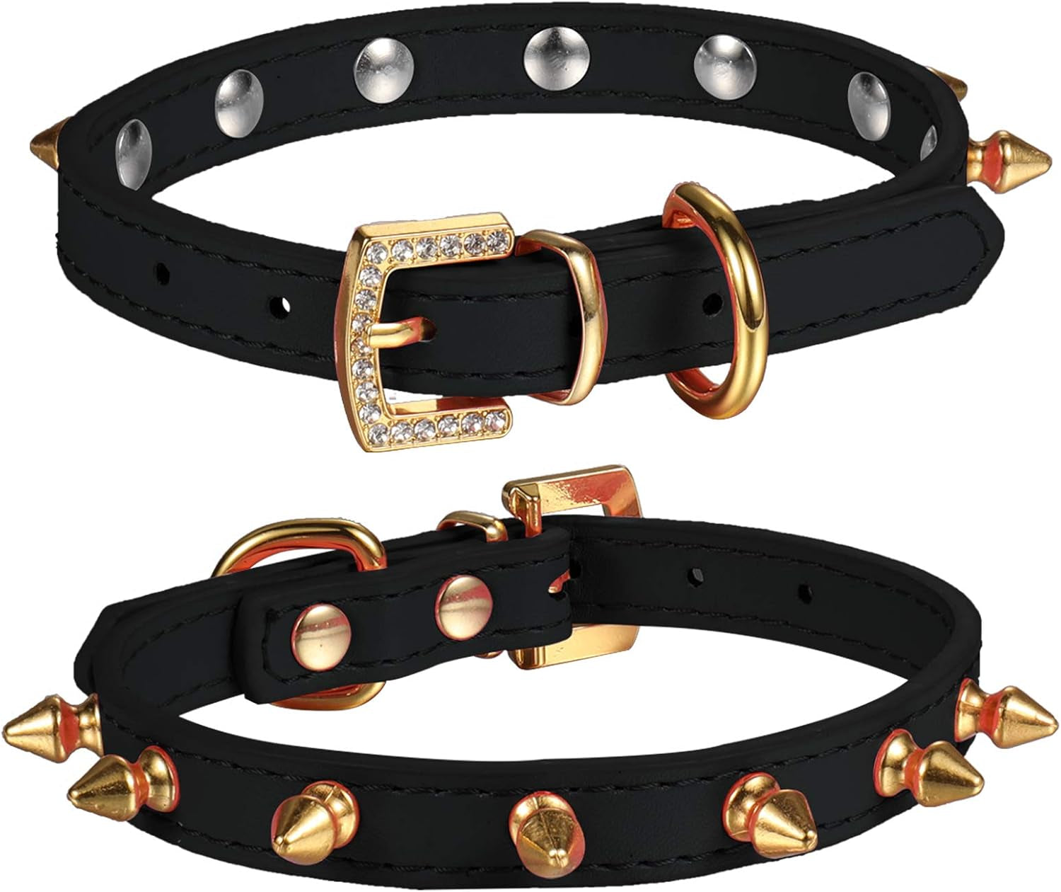 One Row Golden Spiked Studded Leather Dog Collar/Cat Collar with Golden Rhinestone Buckle for Small Dog/Cat Puppy Kitty (Purple, XS)