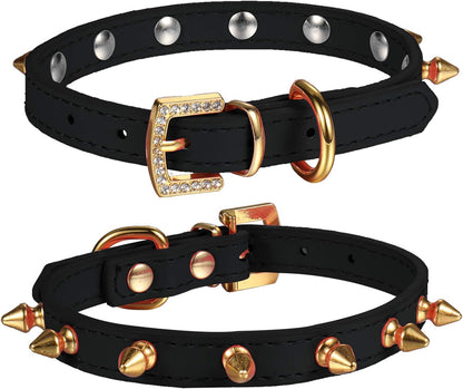 One Row Golden Spiked Studded Leather Dog Collar/Cat Collar with Golden Rhinestone Buckle for Small Dog/Cat Puppy Kitty (Purple, XS)