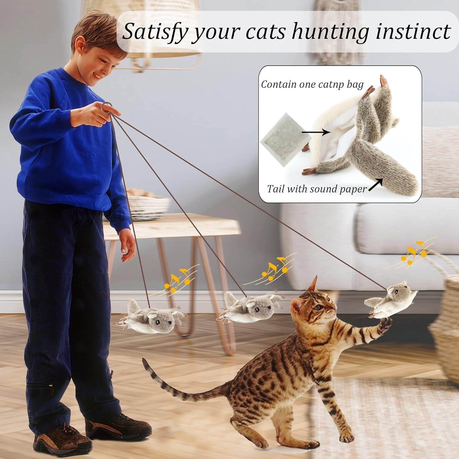USB Rechargeable Cat Toys Flapping & Chirping Mouse Kitty Toys with Catnip, Door Hanging Interactive Squeaky Flying Squirrel Cat Toys Touch Activated Beating Wings Kitty Kicker Toys for Cats