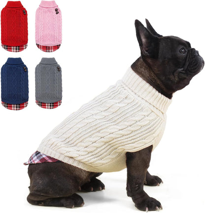 Dog Christmas Sweater Stretchy Pet Coat for Small Dogs Male Turtleneck Small Dog Sweater Red Puppy Clothes Knitwear Puppy Coats with Gingham Patchwork Pet Clothes for Fall Winter