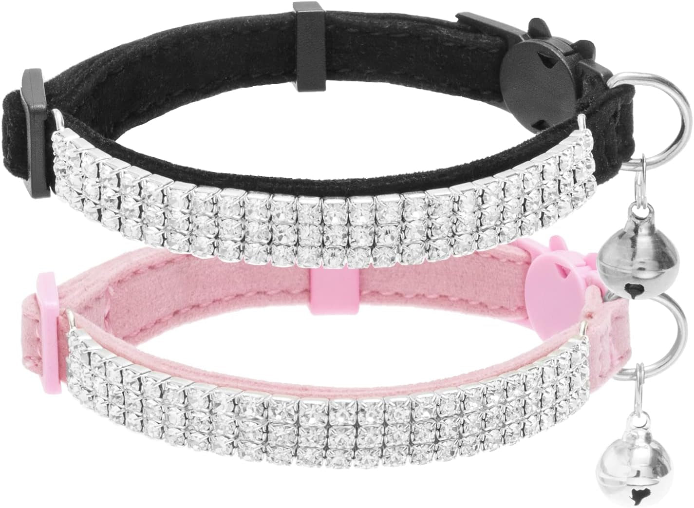 Soft Velvet Safe Cat Collars for Girl Cats -2 Pack Rhinestones Bling Diamante Adjustable Collars Breakaway- Chirstmas Cat Clollar Gifts with Bells for Boy Cats Kitty and Small Dogs