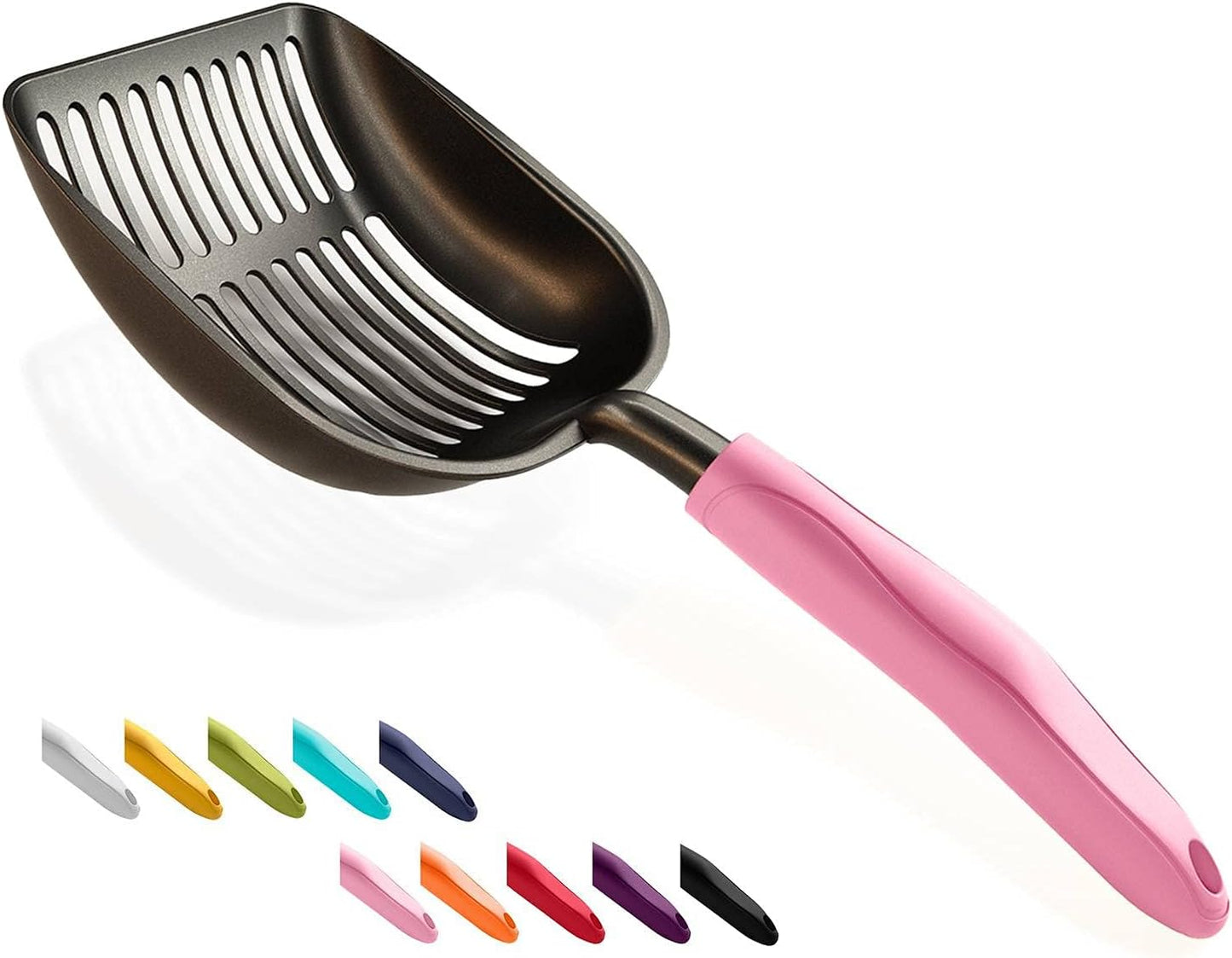 Cat Litter Scoop, Non-Stick Plated Aluminum Alloy Sifter, Kitty Durable Metal Scooper, Deep Shovel, Long Handle, Kitten Pooper Lifter, Size Large, Coated Black Body with Black Handle