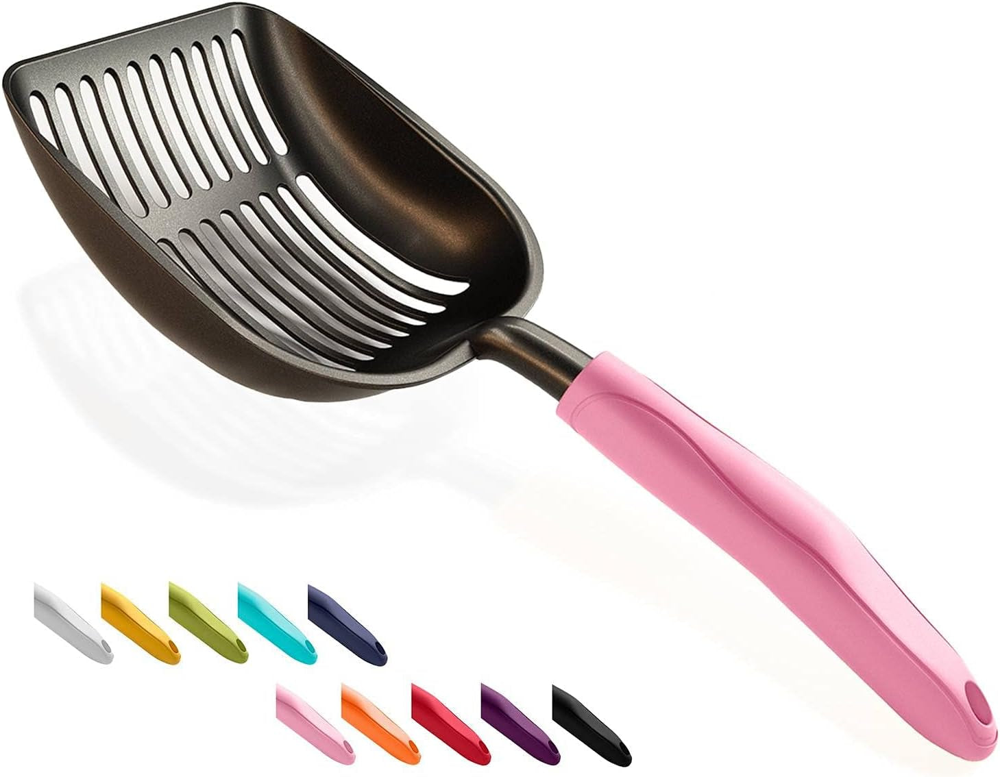 Cat Litter Scoop, Non-Stick Plated Aluminum Alloy Sifter, Kitty Durable Metal Scooper, Deep Shovel, Long Handle, Kitten Pooper Lifter, Size Large, Coated Black Body with Black Handle