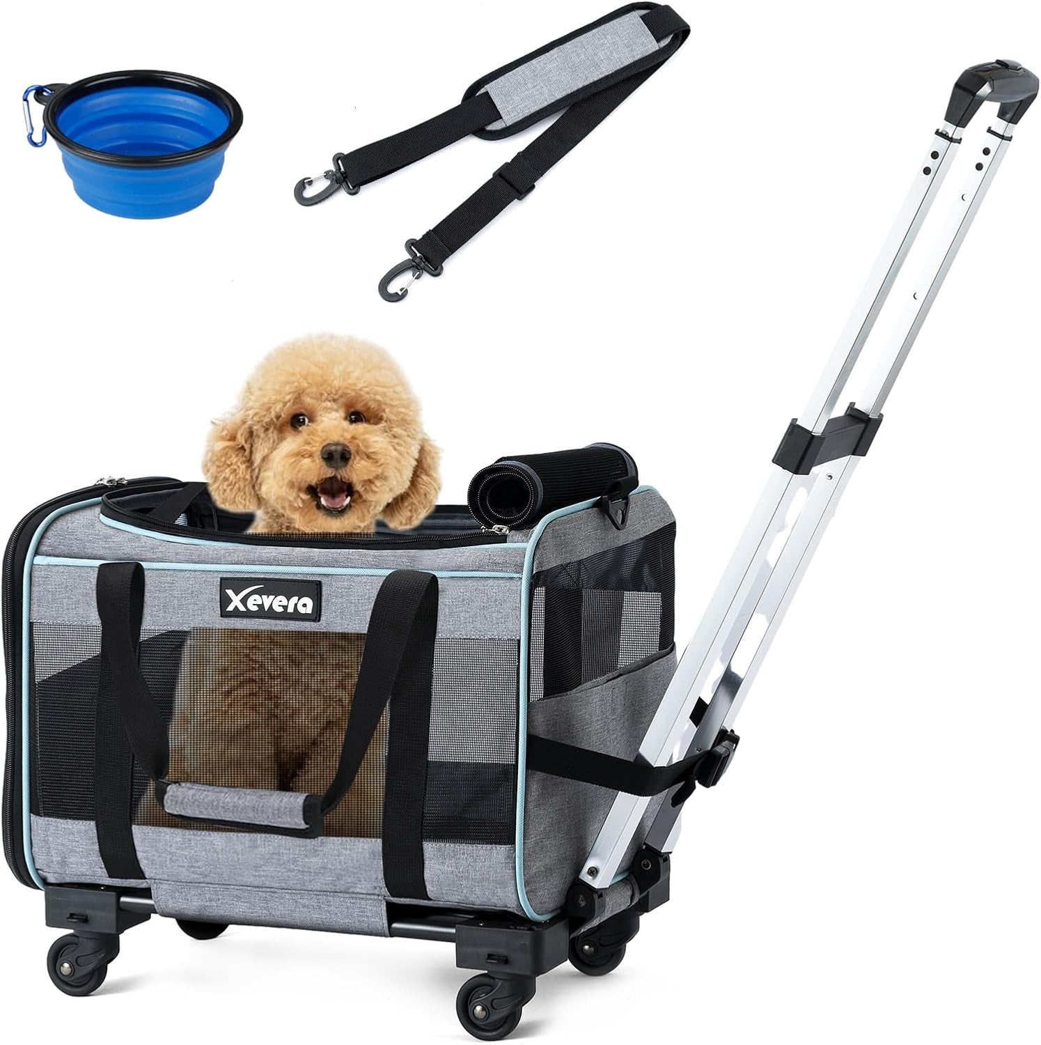 Cat Dog Carrier with Wheels Airline Approved Rolling Pet Carrier with Telescopic Handle, Shoulder Strap and Pet Bowl, Black