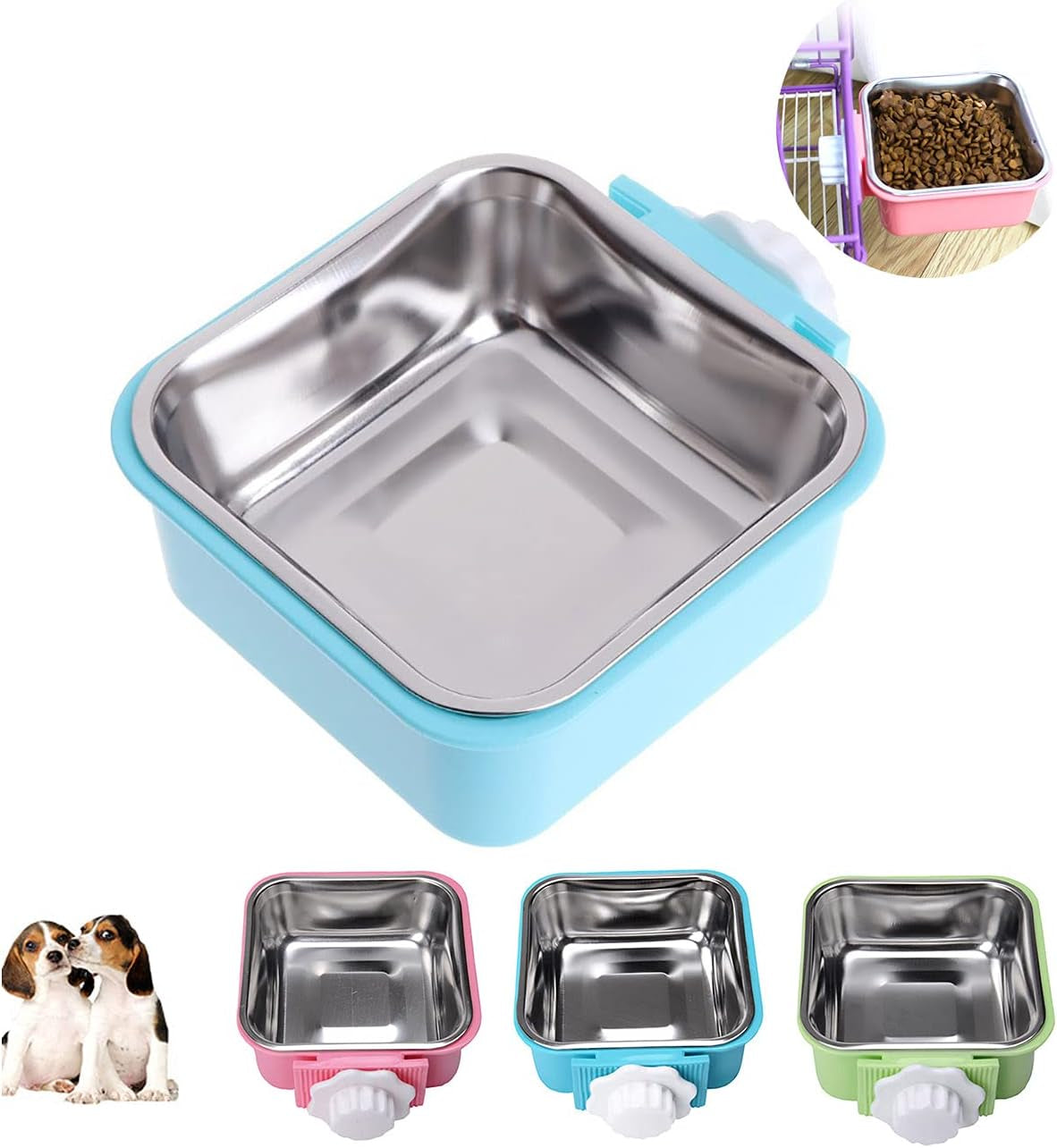 Crate Dog Cat Bowls, Removable Stainless Steel Hanging Pet Cage Bowls for Kennel, Water Food Feeder Cage Coop Cup for Cats, Dogs, Rabbits and Small Animals (Small, Blue)