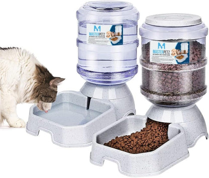 Automatic Cat Feeder and Water Dispenser for Dogs, 1 Gallon X 2 Gravity Feed Water Bowl for Cats Max 30Lbs Self Filling Auto Pet Waterer Replenish Opening with Firm Lock