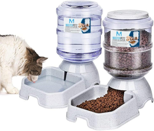 Automatic Cat Feeder and Water Dispenser for Dogs, 1 Gallon X 2 Gravity Feed Water Bowl for Cats Max 30Lbs Self Filling Auto Pet Waterer Replenish Opening with Firm Lock
