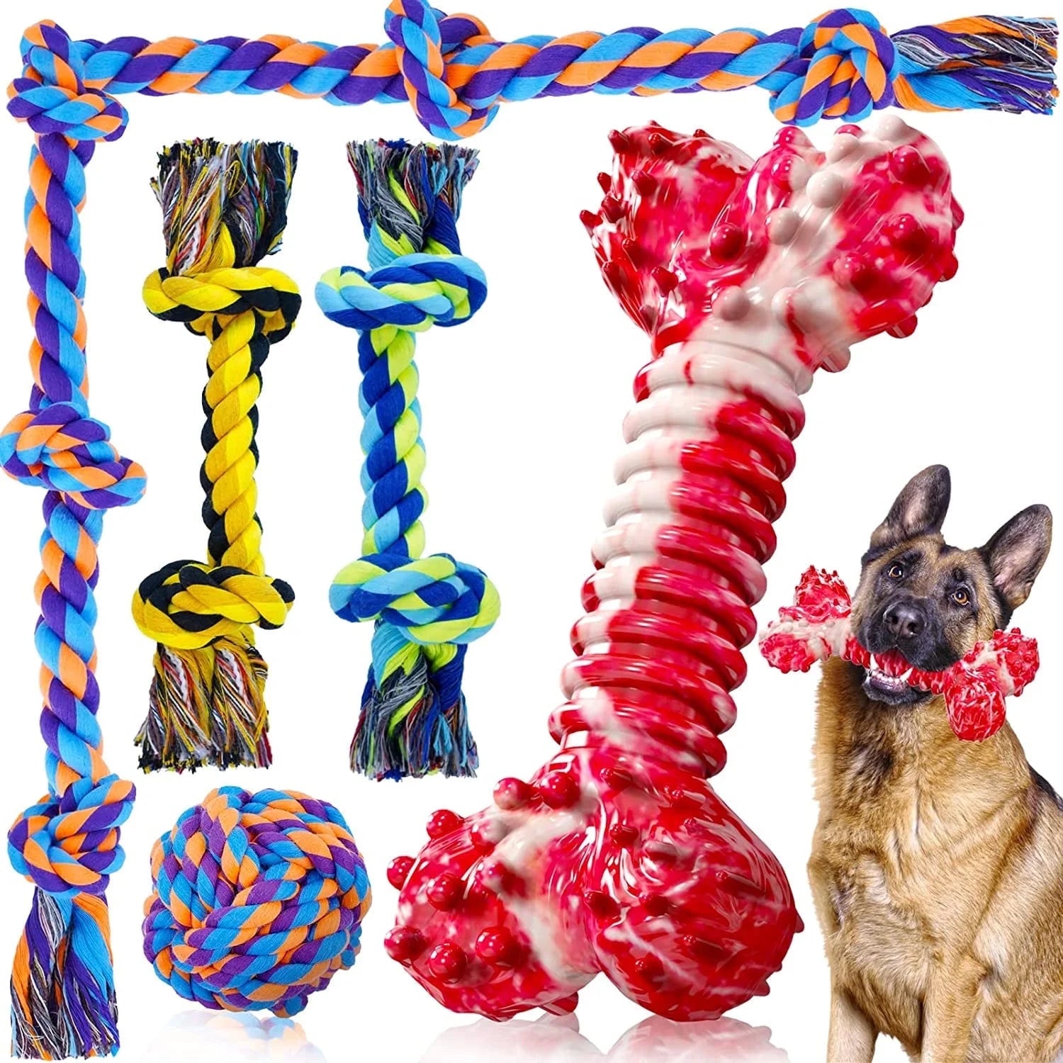 Dog Chew Toys for Aggressive Chewers, Dog Balls for Large Dogs, Heavy Duty Dog Toys with Tough Twisted, Dental Cotton Dog Rope Toy for Medium Dogs, 6 Pack Indestructible Chew Toys