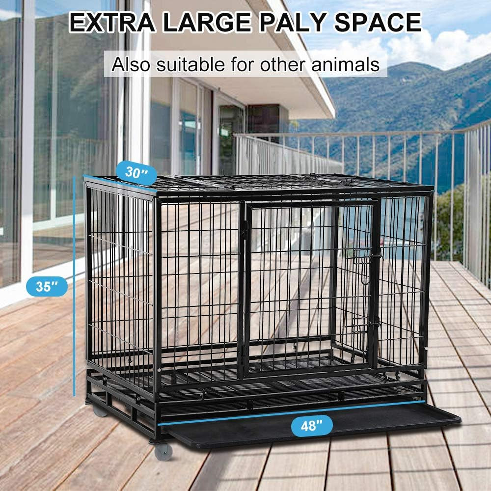 Dog Cage Crate Heavy Duty Sturdy Metal 48/42/36" Large Pet Dog Kennel Fence for Training, Indoor and Outdoor Dog Fence with Lockable Wheels and Plastic Tray and Double Door and Lock Design,Black