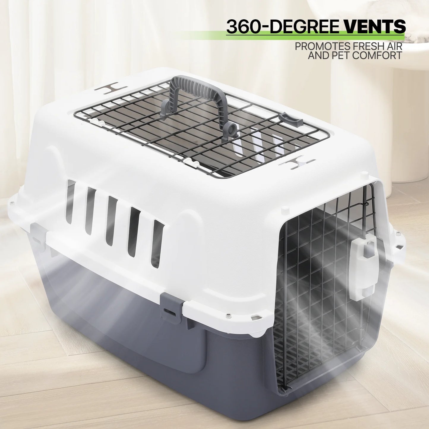 23" Pet Carrier Cage Portable Travel Transport Box, Hard Sided Dog Cat Kennel with Handle and 2 Doors, Airline Approved, White/Grey