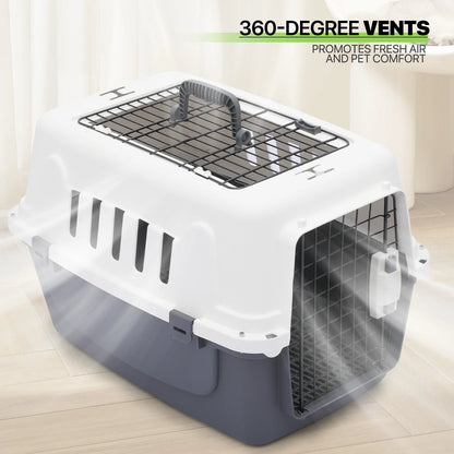 23" Pet Carrier Cage Portable Travel Transport Box, Hard Sided Dog Cat Kennel with Handle and 2 Doors, Airline Approved, White/Grey