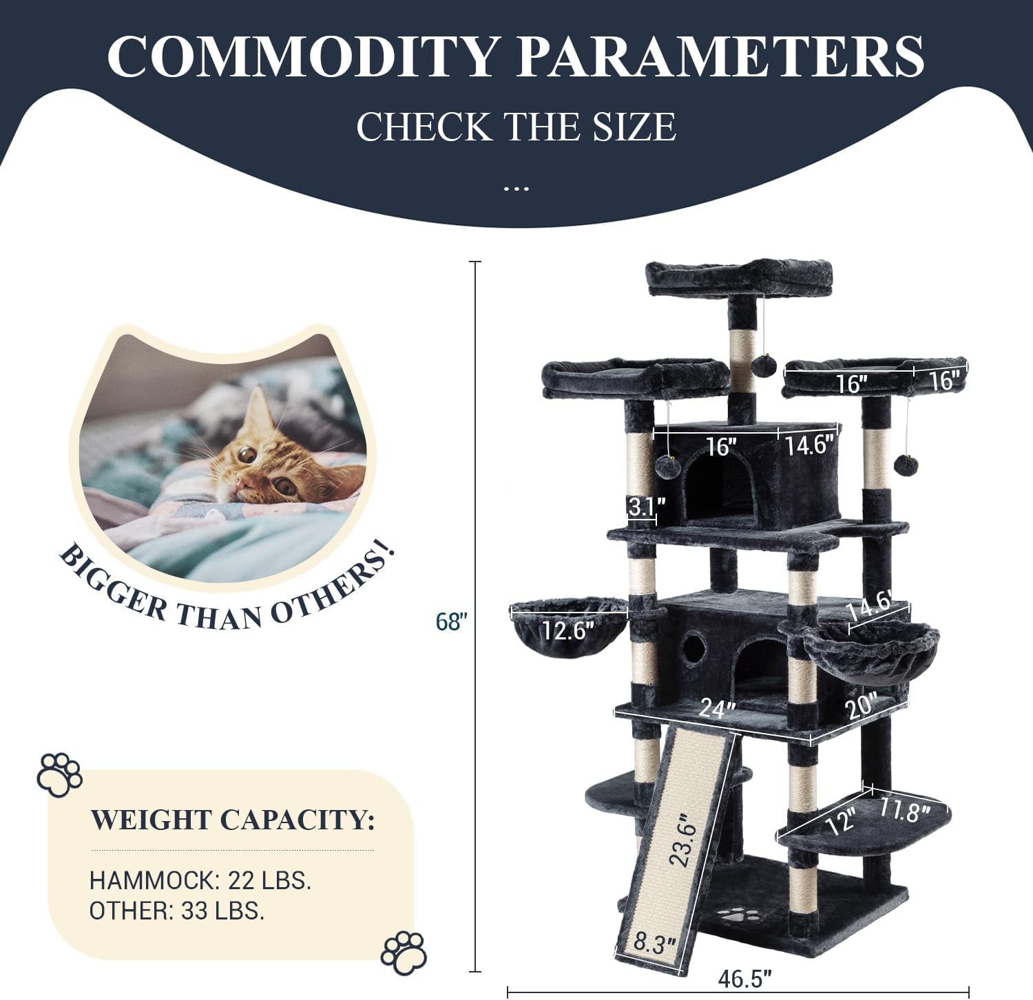 68 Inches Cat Tree/House and Towers for Big Feline/Scratching Post/Multi-Level Large Kitty Climbing Tree with Condo/Smokey Grey