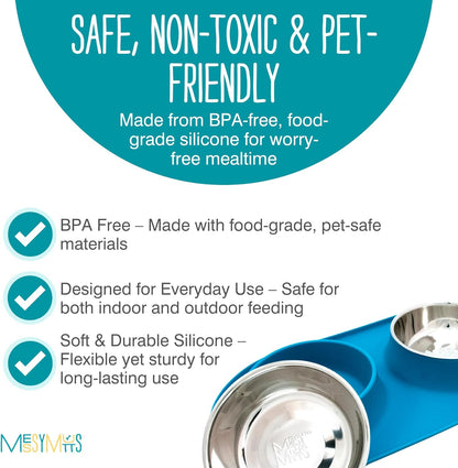 Double Silicone Feeder with Stainless Bowls | Non-Skid Food Dishes for Dogs for All Pets | Dog Food Bowls | Large, 3 Cups per Bowl | Blue