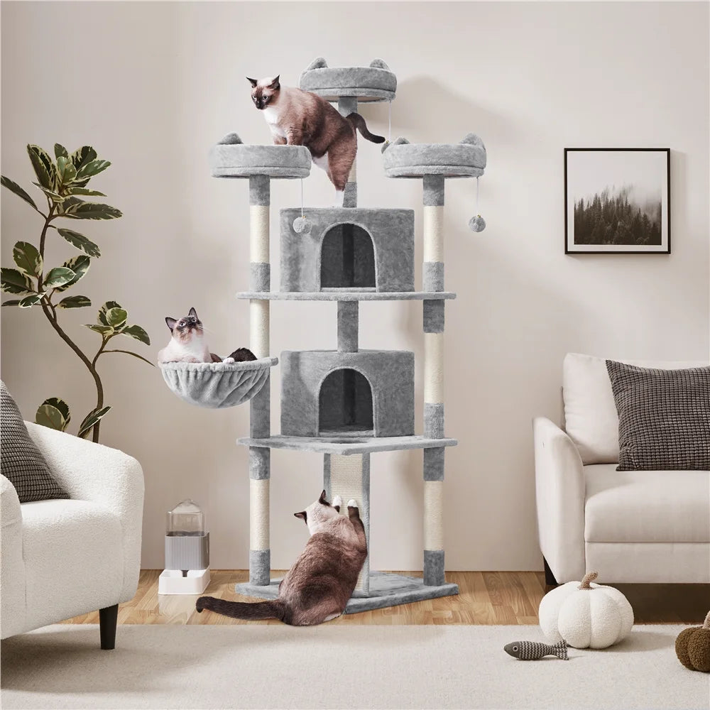 76"H Large Multilevel Cat Tree Tower with Condos and Perches, Light Gray