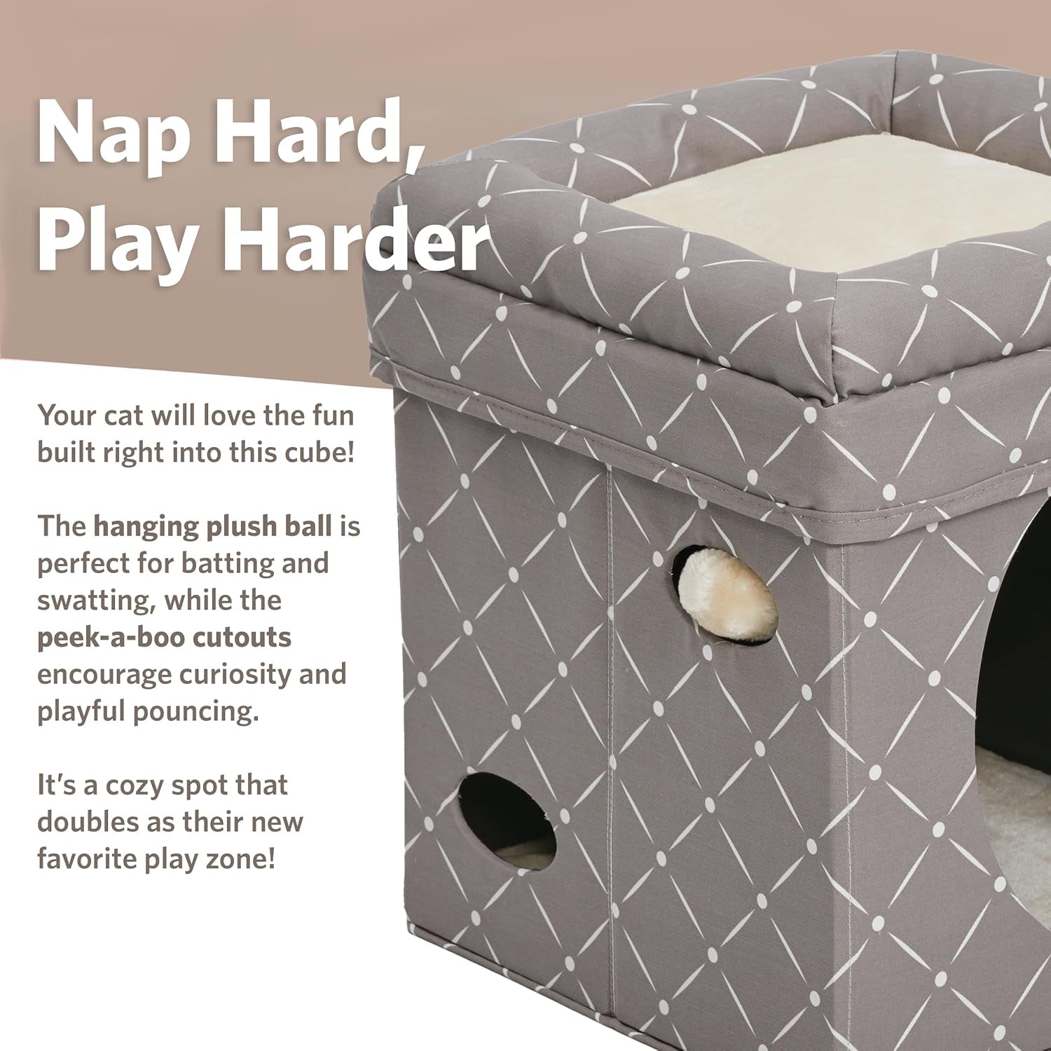 Cat Cube - Cat House/Cat Condo in Fashionable Mushroom Diamond Print, 15.5L X 15.5W X 16.5H Inches