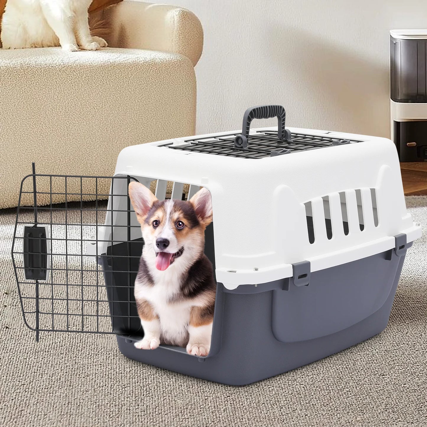 23" Pet Carrier Cage Portable Travel Transport Box, Hard Sided Dog Cat Kennel with Handle and 2 Doors, Airline Approved, White/Grey