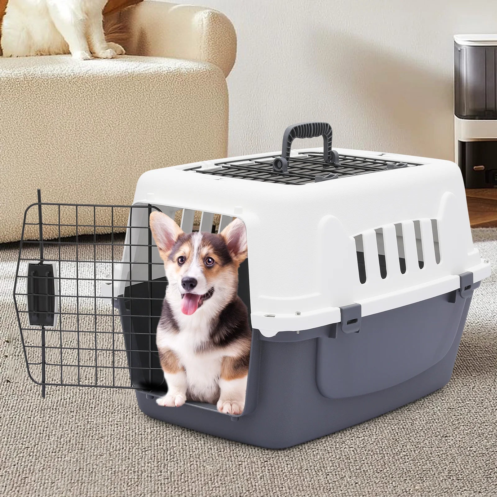 23" Pet Carrier Cage Portable Travel Transport Box, Hard Sided Dog Cat Kennel with Handle and 2 Doors, Airline Approved, White/Grey