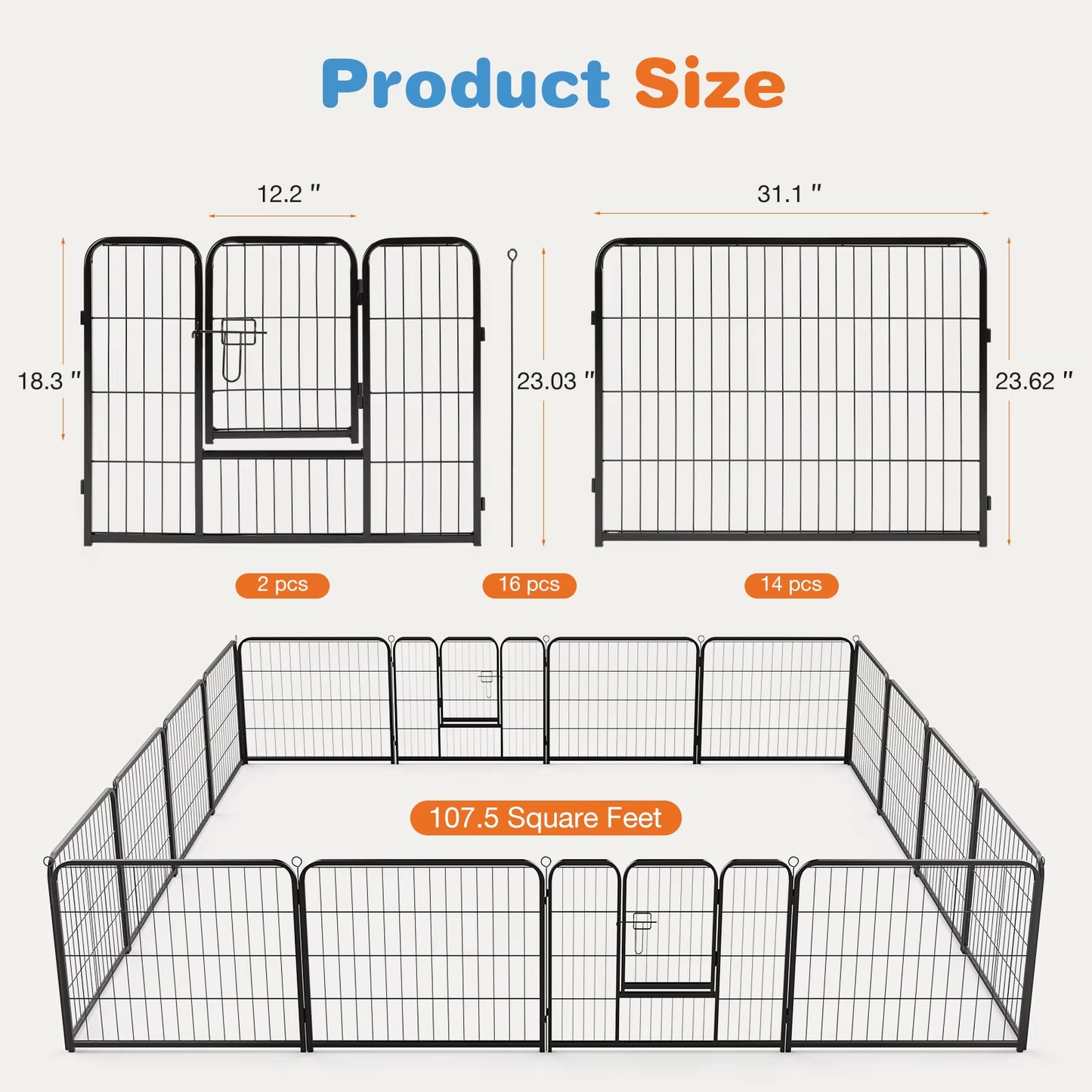 16 Panel Dog Playpen Indoor Pet Fence Exercise for Yard Gate Heavy Duty Crates with Doors Metal Dog Pen for Camping Outdoor
