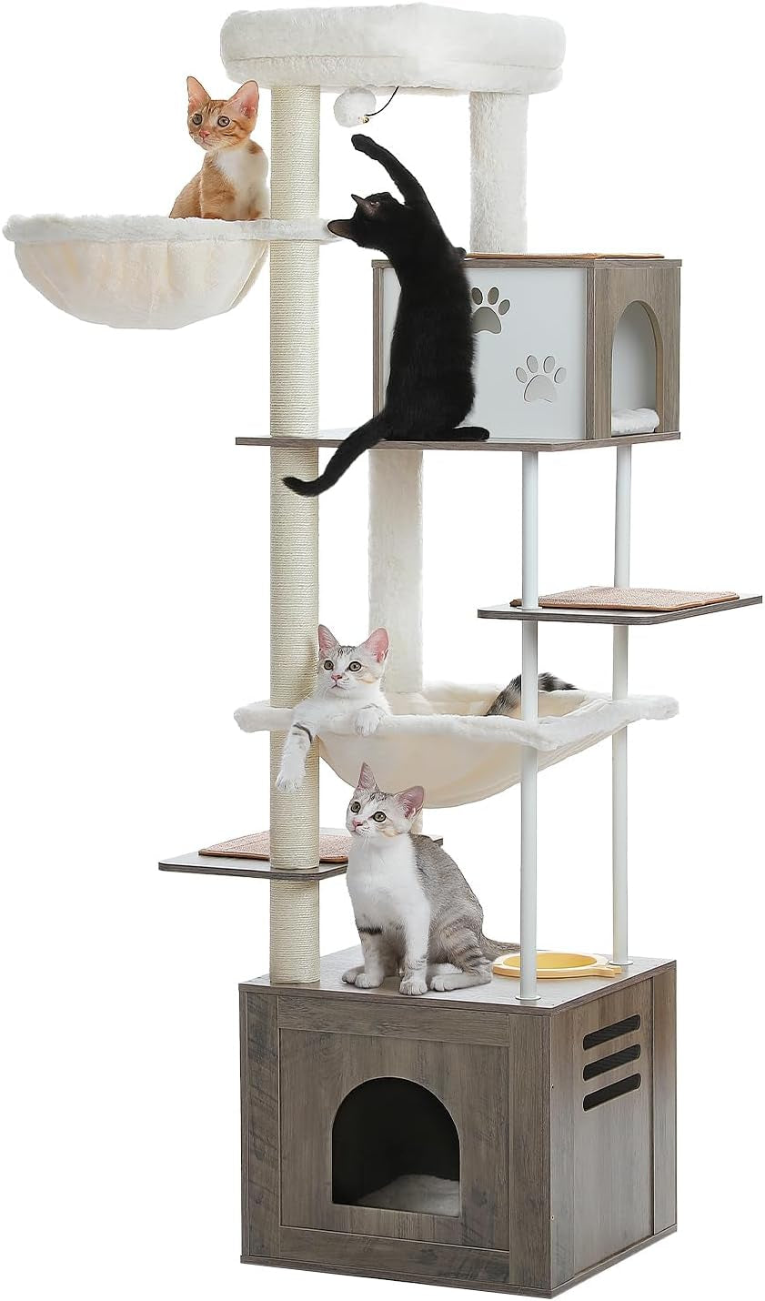 Cat Tree 35 Inches Wooden Cat Tower with Double Condos, Spacious Perch, Fully Wrapped Scratching Sisal Posts and Replaceable Dangling Balls-Walnut