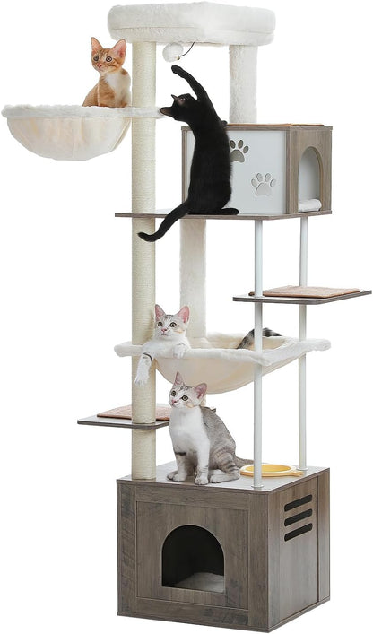 Cat Tree 35 Inches Wooden Cat Tower with Double Condos, Spacious Perch, Fully Wrapped Scratching Sisal Posts and Replaceable Dangling Balls-Walnut