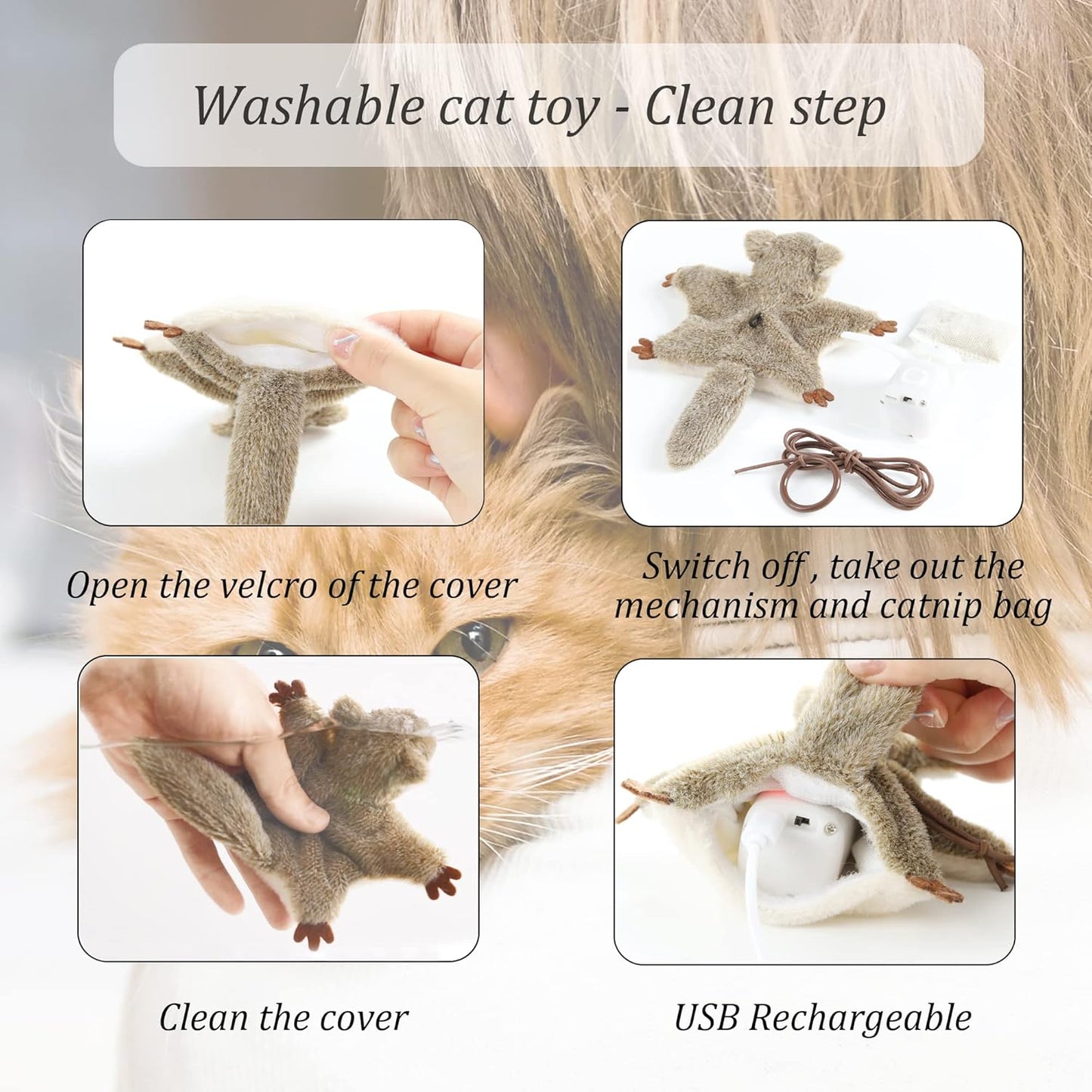 USB Rechargeable Cat Toys Flapping & Chirping Mouse Kitty Toys with Catnip, Door Hanging Interactive Squeaky Flying Squirrel Cat Toys Touch Activated Beating Wings Kitty Kicker Toys for Cats