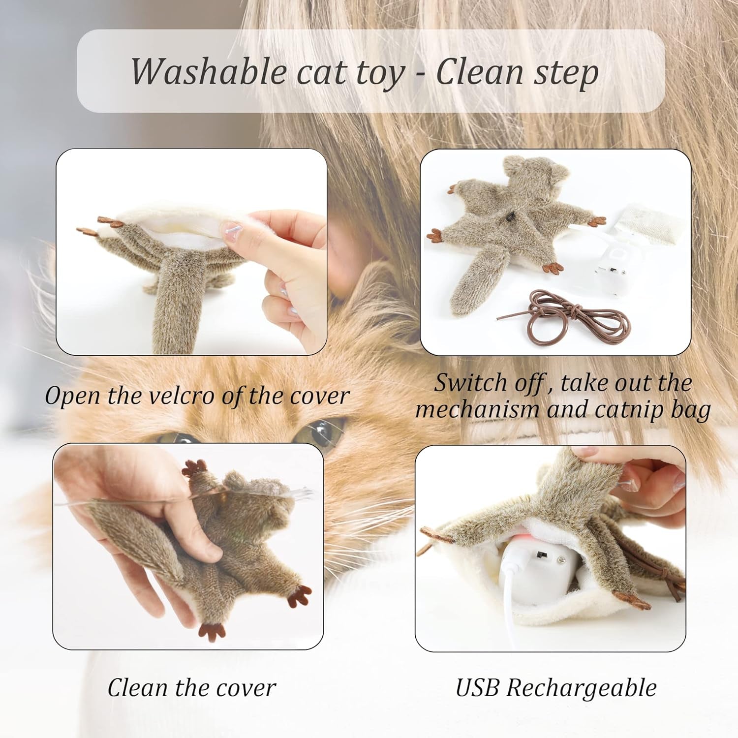 USB Rechargeable Cat Toys Flapping & Chirping Mouse Kitty Toys with Catnip, Door Hanging Interactive Squeaky Flying Squirrel Cat Toys Touch Activated Beating Wings Kitty Kicker Toys for Cats