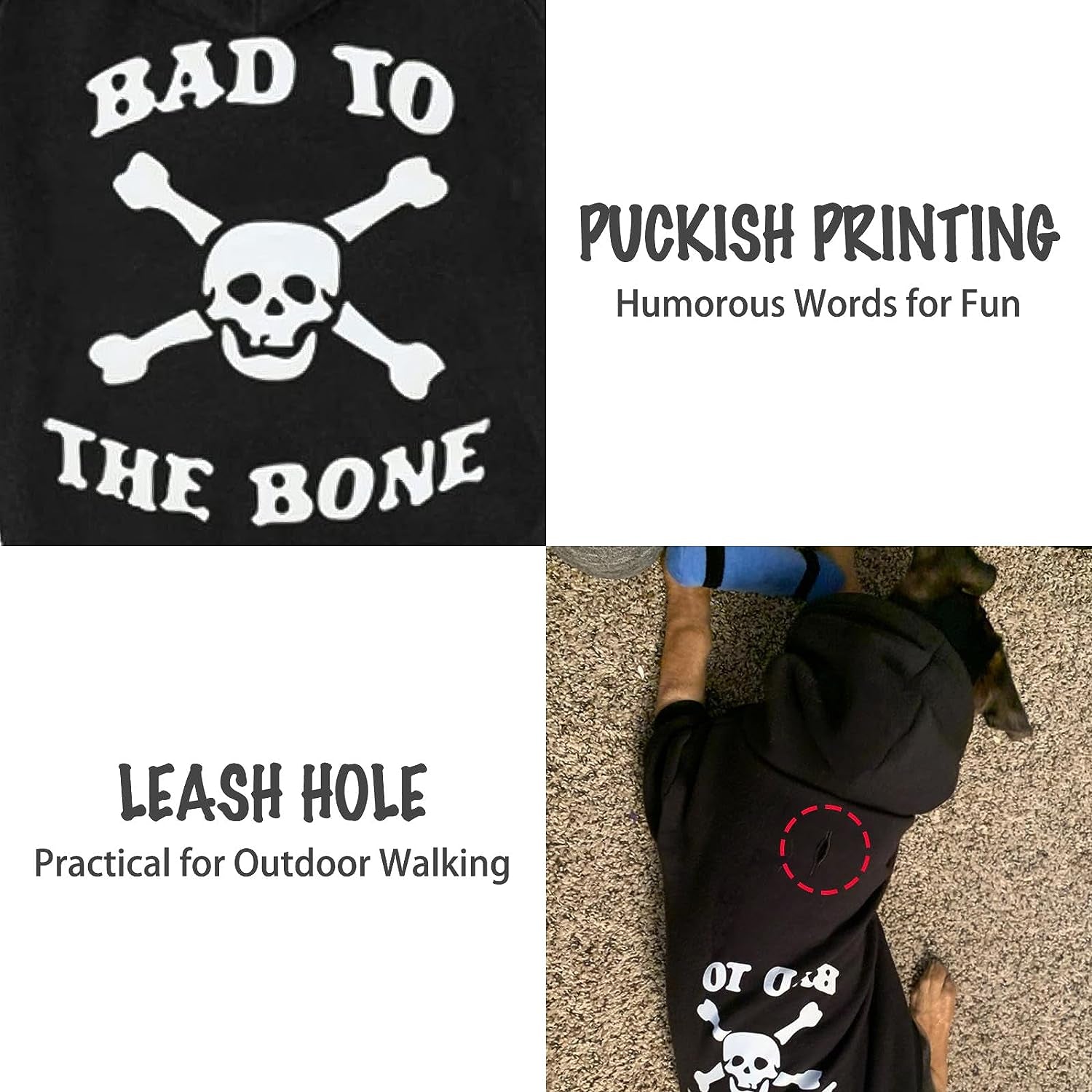 Bad to the Bone Lettered Dog Hoodie - Warm Fleece Sweatshirt with Hood and Leash Hole, Cozy Soft Pet Outfit for Small Medium Dogs, M