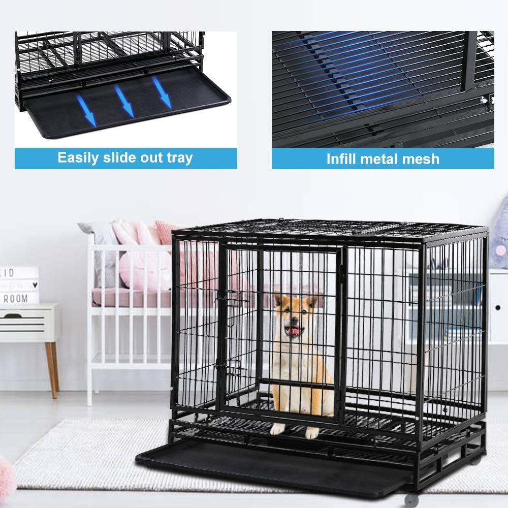 Dog Cage Crate Heavy Duty Sturdy Metal 48/42/36" Large Pet Dog Kennel Fence for Training, Indoor and Outdoor Dog Fence with Lockable Wheels and Plastic Tray and Double Door and Lock Design,Black