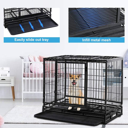 Dog Cage Crate Heavy Duty Sturdy Metal 48/42/36" Large Pet Dog Kennel Fence for Training, Indoor and Outdoor Dog Fence with Lockable Wheels and Plastic Tray and Double Door and Lock Design,Black