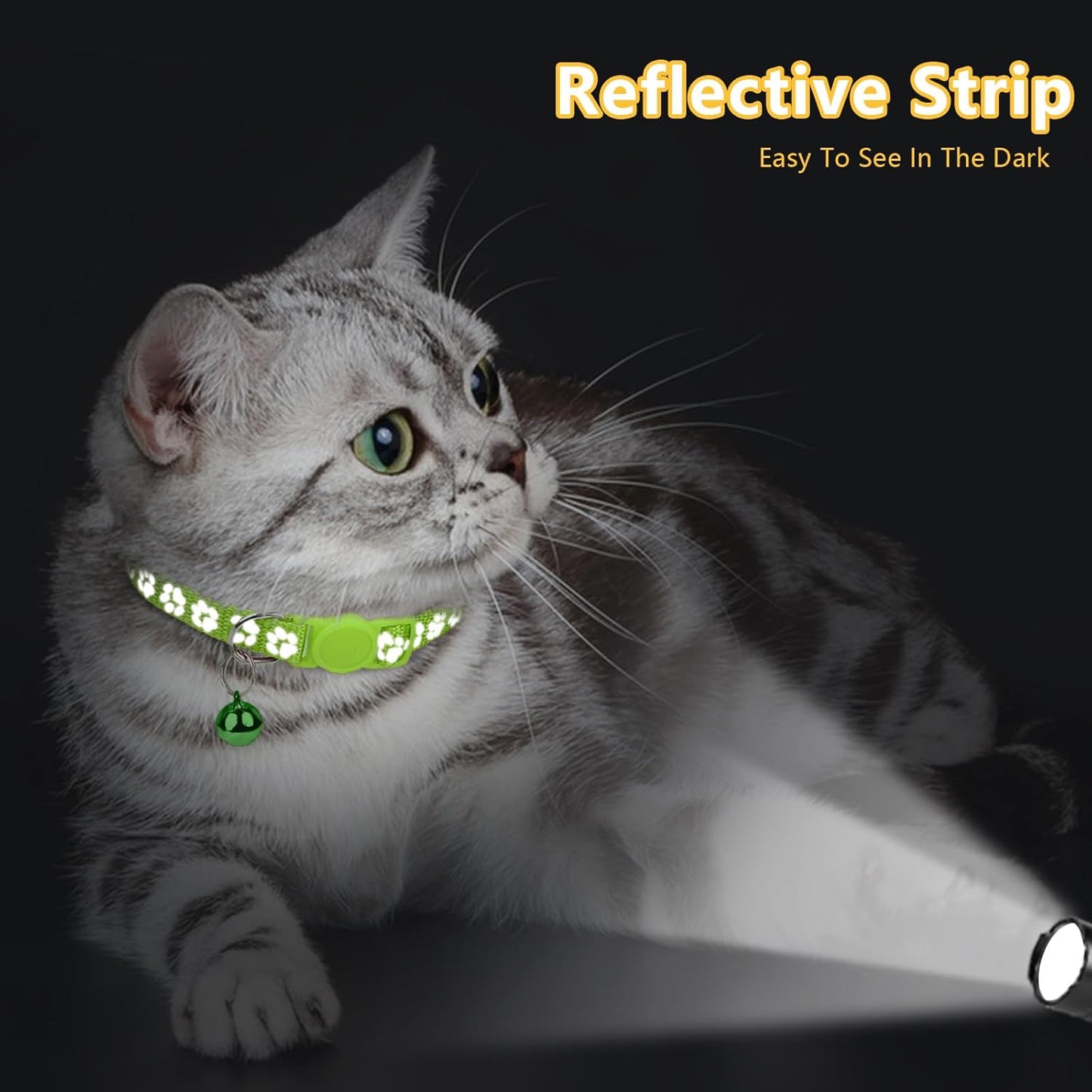 Reflective Cat Collar Breakaway with Bells, 2 Pack Girl Boy Pet Cat Collar Adjustable 7.5-12.5 Inch, Green