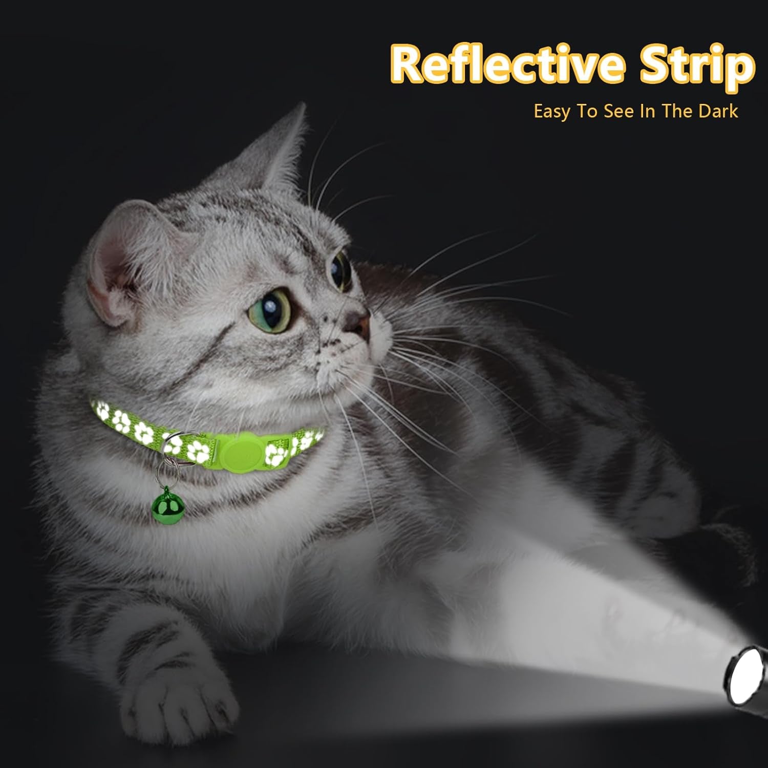 Reflective Cat Collar Breakaway with Bells, 2 Pack Girl Boy Pet Cat Collar Adjustable 7.5-12.5 Inch, Green