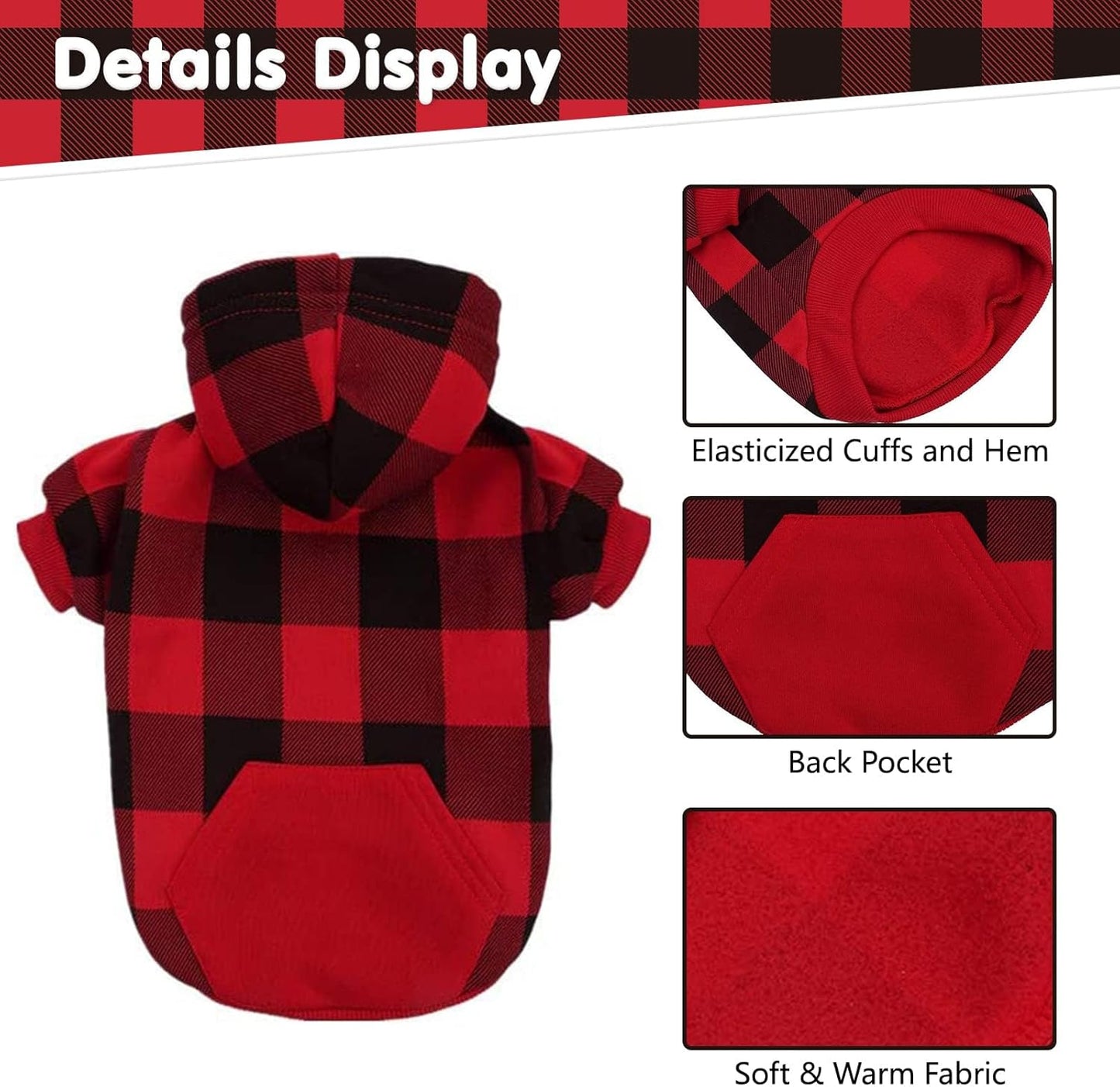 Plaid Dog Hoodie Pet Clothes Sweater with Hat and Pocket for Small Medium Large Size Dogs, Soft Winter Warm Dog Cold Weather Coat, Fleece Fall Dog Hooded Sweatshirt for Puppy Cats, Red XL