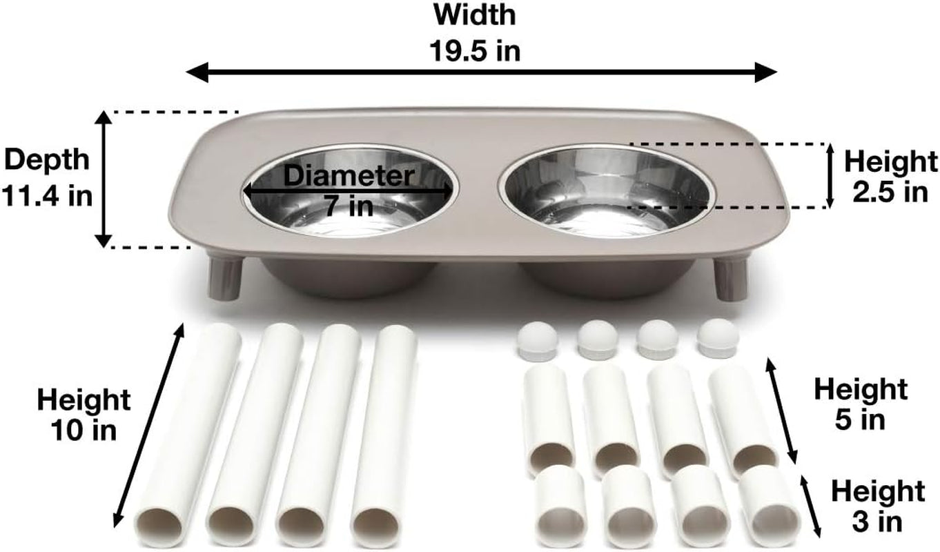 Elevated Double Feeder with Stainless Bowls | Adjustable Height 3”, 5”, or 10” | Adjustable Standing Feeder for Dogs | 5 Cups per Bowl | Dark Grey